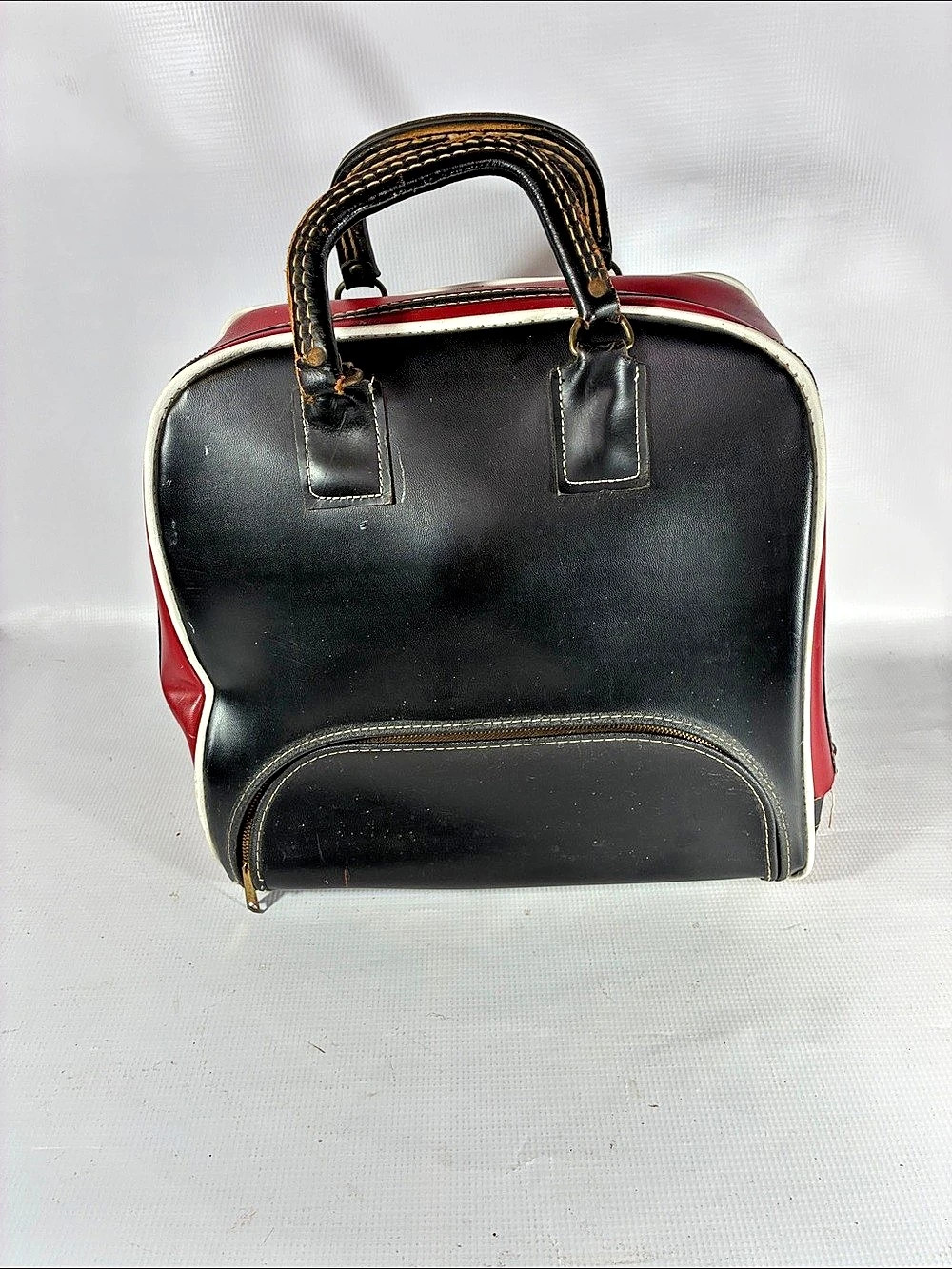 Vintage 60s Single Ball Bowling Bag With Metal Rack Retro Red Black Vinyl Tote